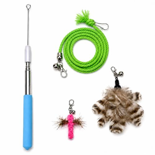 ZAYLUMO Cat Wand Toy Set, Retractable Stainless Steel Wand with 3 Interchangeable Attachments, Feather, Insect, Cotton Rope