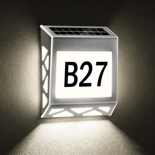 Hausnummer Beleuchtet Solar, 8 LED Solar Hausnummer mit 3 Lichtfarben, Edelstahl, IP54 wasserdicht, inkl. 3 Ziffern (0-9) & Buchstaben (A-Z), Dämmerungsschalter für Außen & Eingang