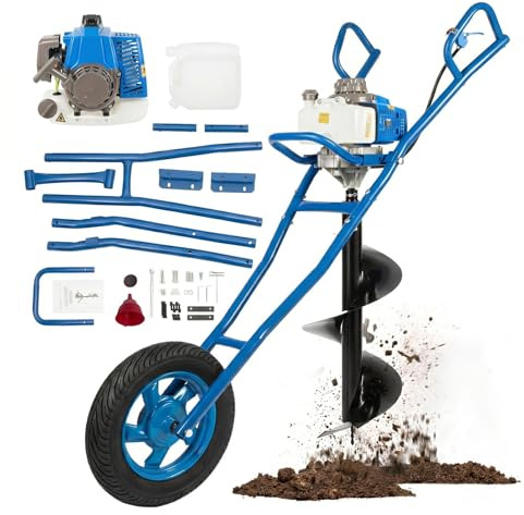 LENJKYYO Trivella per terreno, trivella a scoppio 63CC 2.2KW con ruota, trivella a mano monofilo, mototrivella a scoppio per giardino e agricoltura, trivella manuale per terreno con punta Ø 300mm