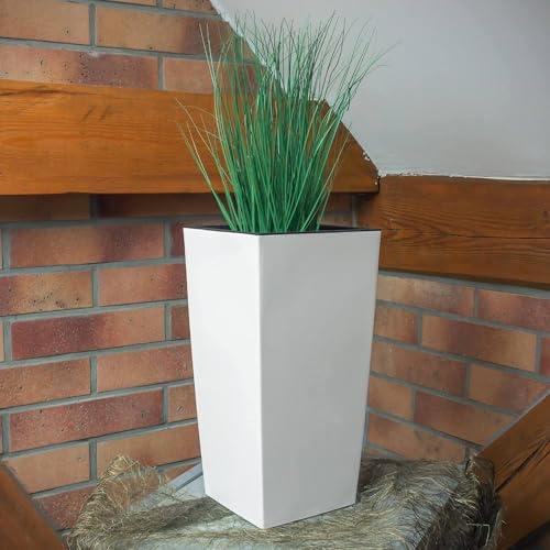 Maceteros Altos para Flores CON Cubeta Interior, Maceta Grande de Exterior/Interior, Plástico mate, para Terraza, Jardín o Salón, resistente UV, 42 Alto x (22x22) cm, color Blanco