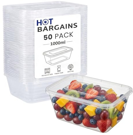 HOT BARGAINS 1000ml Rectangular Food Storage Containers with Lids, Pack of 50, BPA-Free Plastic, Microwave and Freezer Safe