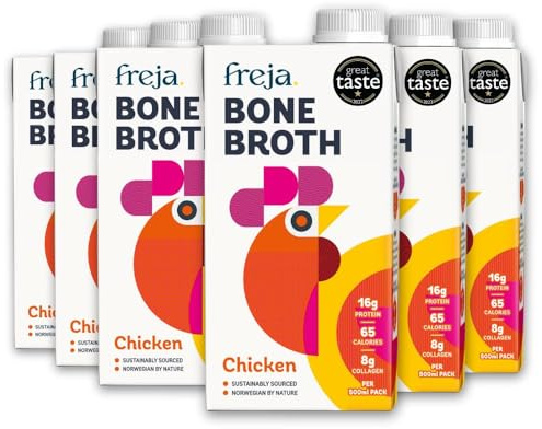 Freja Chicken Bone Broth | Sipping Broth | Free Range | Collagen, Protein & Amino Acids | Low Carb & Gluten Free | Clear Liquid Broth, not Chicken Stock Cubes, Powder or Concentrate | 6 x 500ml