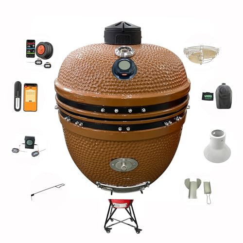 YNNI KAMADO TQTT21LG – Grand ensemble Kamado – Gril de 53,3 cm, vert clair avec chipfeeder, divide and conquer, thermomètre numérique, couvercle, céramique, œuf, fumoir, TQTT21LG