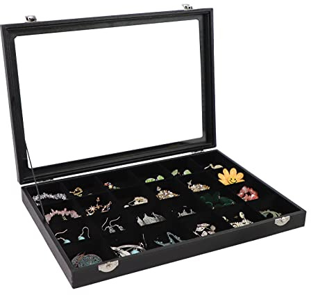 Wudygirl Earring Organizer 24 Grid Jewelry Organizer with Glass Lid Adjustable Jewelry Box Jewelry Display for Rings Necklace Bracelet Earrings Storage（Black 24 Grid）