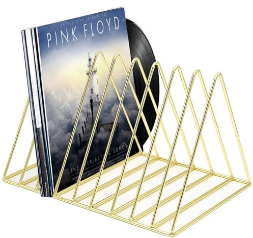 Udreamer 9 Slot Record Holder,Desktop Vinyl Record Storage Holds Up 30 LPs,Metal Magazine Holder Triangle File Holder for Office Homer,Golden