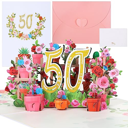Geburtstagskarte zum 50. Pop Up Grußkarten, 3D Blume 50. Geburtstagskarten mit Umschlag Rosa Nachricht Karte, Geburtstag Jahrestag Hochzeitstag Romantik Geschenk-Karte für Frauen Mütter Ehefrau Freund