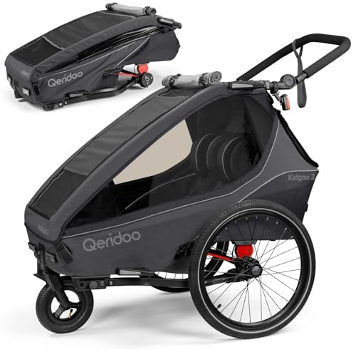 Qeridoo Kidgoo 2 Steel Grey | Fahrradanhänger 2 Kinder | Fahrrad Anhänger Kinder mit Federung & Easy ARS | Jogger Kinderwagen | Kinderfahrradanhänger klappbar | Kinderbuggy 45L | Walker & Bike Trailer