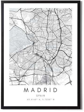 State Media Vision Cuadro Mapa Madrid Ciudad Mundial Póster Conjunto Individual - Impresión Minimalista para Dormitorio o Sala de Estar - Arte de Pared en Blanco y Negro de Madrid (Madrid, Impresión