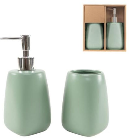 Badezimmer-Set aus wassergrüner Keramik, Seifenspender und Becher, minimalistischer Stil