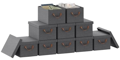 WOLTU Faltbare Aufbewahrungsboxen 10 Stück, mit Deckel, Grau, 38x27x20cm | aus Polyesterstoff, für Schlafzimmer, Arbeitszimmer, Wohnzimmer, Organizer Box mit Griffen, faltbar,