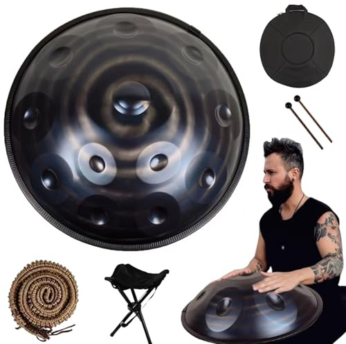 Handpan-Trommel, 22 Zoll, D-Moll, 9/10/12 Noten, 432/440 Hz, Stahl-Handtrommel Für Erwachsene Mit Handpan-Trommeltasche, 2 Testschlägeln, Handtrommelständer(Dark,12 Notes)