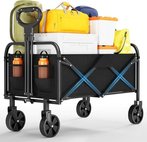 Chariot de plage pliable XL - Charge maximale : 172 kg - Chariot de plage pliable avec roues pivotantes à 360° - Pour camping, shopping, jardin, 73 x 46,5 x 89,5 cm - Noir