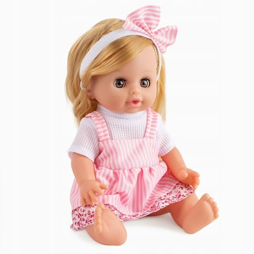 Kinderplay Mimi - Muñeca de bebé de 30 cm con sonidos y ojos de dormir de pelo rubio – dice mama/tata, llorando – Incluye pilas de prueba, vestido con banda para el pelo, muñeca realista a partir de 3