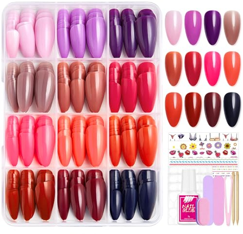 12 Farben 288 Stück Falsche Nägel Zum Aufkleben - Mandel Künstliche Nagelspitzen Nail Art Manicure, Almond Fake Nails für Damen und Frauen (Lila Rot)