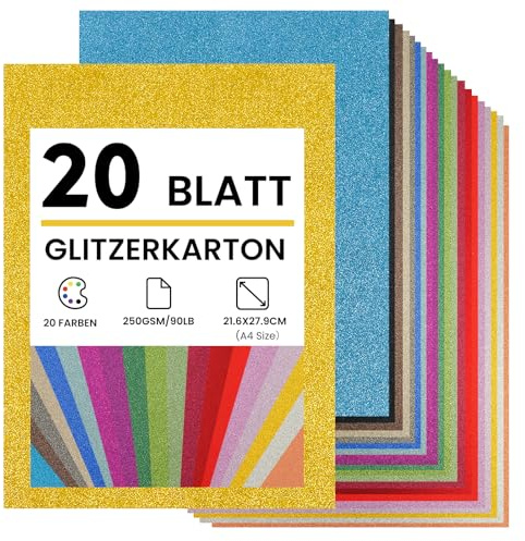 Glitzerpapier zum Basteln, 20 Blatt Buntes Glitter Papier Bastelpapier A4 250g/m², Moosgummi Glitzer Buntpapier & Fotokarton, Buntes Glitter Papier für DIY Grußkarten Scrapbooking