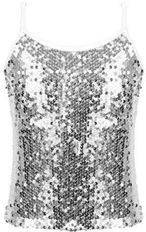 Freebily Enfants Débardeur à Paillettes Bretelles Tank Tops T-Shirt Danse Stage Performance pour Fille Haut Gilet D'épaule Réglable Blanc 11-12 Ans