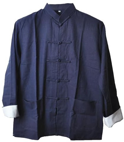 LZJN Hombre Algodón Lino Kung Fu Camisa Chino Tradicional Tang Traje Tai Chi Blusa Manga Larga Rana Botones Abrigo Chaquetas - azul - X-Large