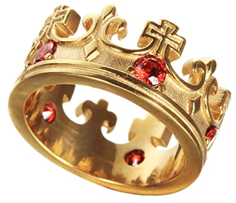 SINLEO Mens Womens Stainless Steel Vintage Royal King Crown Ring Cross Band Ruby Black Gemstone Gold with CZ Size 8