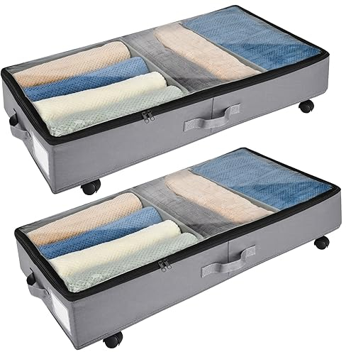 Xtsuen 2 Stück Unterbett Aufbewahrung, Unterbettkommode mit Rollen 360° Drehung and Metallrahmen, Faltbare Großes Fassungsvermögen Vliesstoffe Aufbewahrungstasche für Kleidung, Schuhe und Decken