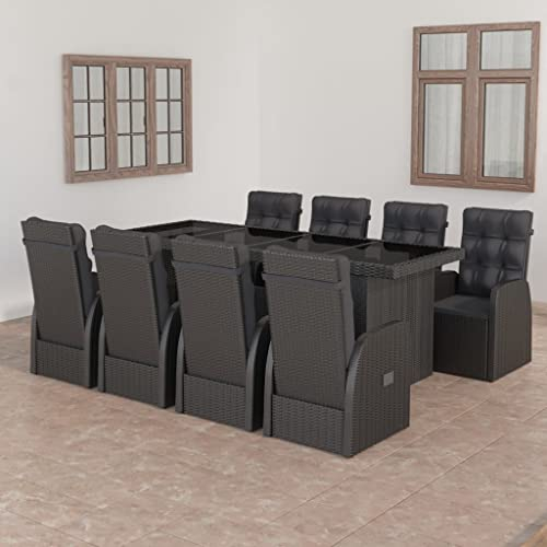 HETFTJN 9-TLG. Garten-Essgruppe, Balkon Sessel Gartenlounge Balkon Tisch Und Stühle Gartenset Tisch Und Stühle Geeignet für Garten Balkon Außen Wenig Platz mit Auflagen Poly Rattan Schwarz