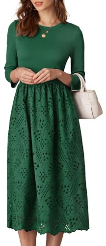GRACE KARIN Kleid für Damen mit Lochstickerei Lässiges Fließendes Herbstkleid Empire-Taille Midikleid Dunkelgrün XL