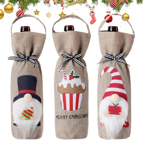 Weintasche Weihnachten, Flaschenbeutel Weihnachten mit Kordelzug, Weintasche Taschen, Weihnachts-Jute-Weinflaschen-Geschenktaschen, Weihnachts-Weinflaschen-Taschen für Weihnachtsgeschenke (A)