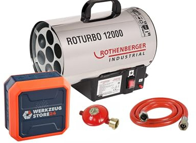 ROTHENBERGER Industrial Gasheizgebläse Gasheizer Heizkanone Heizgerät mit Piezo-Zündung, Schlauch, Regler RoTurbo 12000 | 930° Flammentemperatur | inkl. Bluetooth Lautsprecher bis 30 Std. Betriebszeit