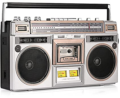 Radiocasete Estilo años 80, Reproductor de casetes, Radio Am/FM, transmisión inalámbrica, Ranuras USB/Micro SD, Entrada Auxiliar, Conector para Auriculares, conversión de casetes a USB/SD