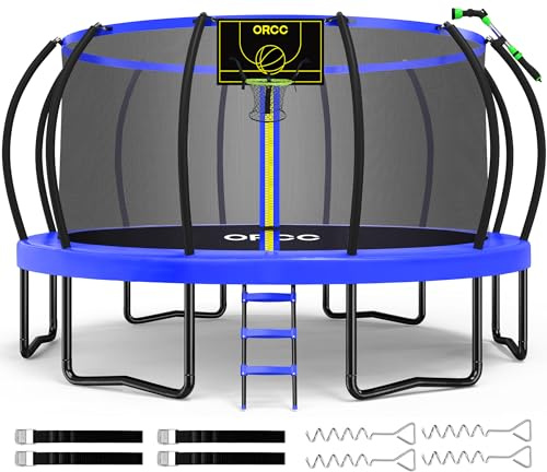 ORCC 1300LBS Weight Capacity Trampoline 16 15 14 12 10 8FT with Basketball Hoop Water Sprinkler Spiral Ground Stakes Outdoor Yard Trampolines for Kids Adults
