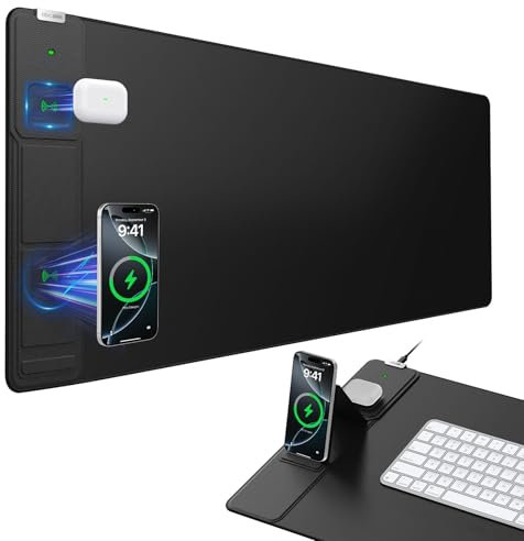 Wireless Charging Mouse Pad with Foldable Phone Holder, 31.5x15.8 Large Desk Mat for Laptop/Keyboard, Waterproof Ultra-Smooth Surface, Non-Slip Base, Black