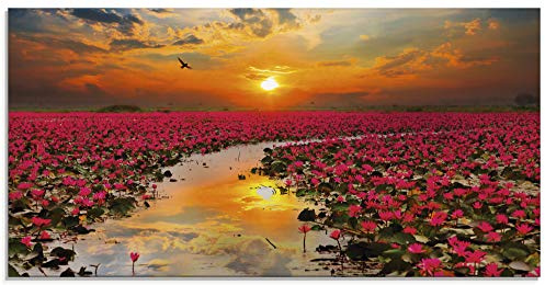 ARTland Wanddeko Glasbilder Wandbild Glas Bild einteilig 100x50 cm Querformat Natur Landschaft See Blumen Blüten Seerose Sonne Sonnenuntergang T9IA