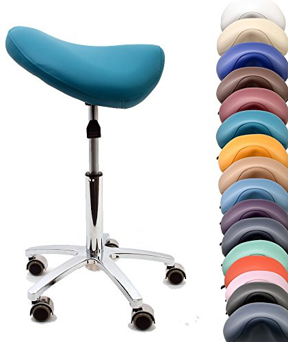 Promafit, Sattelstuhl - Sattelhocker - Rollhocker - Arbeitshocker - für Praxis, Büro und Home-Office - höhenverstellbar und drehbar (Cyan)