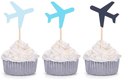 Blue Plane Cupcake Toppers for Baby Shower Decoration How Time Flies Airplane Theme Birthday Party Supplies (24 Counts)