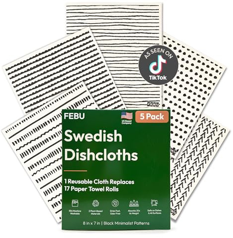 FEBU Swedish Dishcloths for Kitchen | 5 Pack Black Minimalist Reusable Paper Towels Washable | Swedish Dish Towels | Non-Scratch Cellulose Sponge Cloths | No Odor, Biodegradable Cleaning Cloths