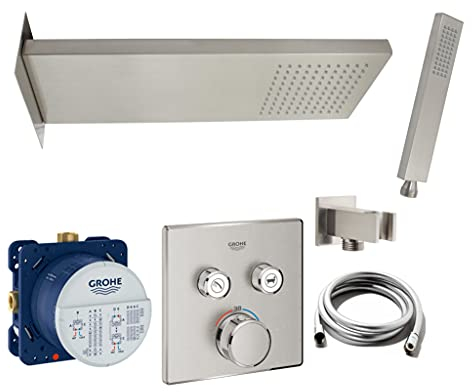 vanvilla Duschsystem mit Unterputz Duscharmatur von Grohe SmartControl Supersteel 2-Wege und vanvilla Regendusche mit Armatur, Duschkopf eckig, Dusch-SET GB04 gebürstet