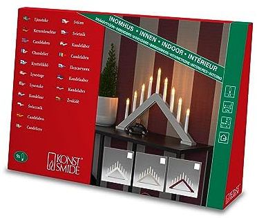 Konstsmide Holzleuchter, mattweiß lackiert, mit an/aus Schalter, 9 klare Birnen, 230V, Innen, weißes Kabel - 3984-205