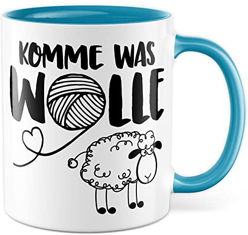 Tasse Wolle, Komme was WOLLE Geschenk Geschenkidee Kaffeetasse mit Spruch lustig Kaffee-Becher Häkeln Schaf Stricken Teetasse Witztasse Wortwitz (Weiß/Blau)