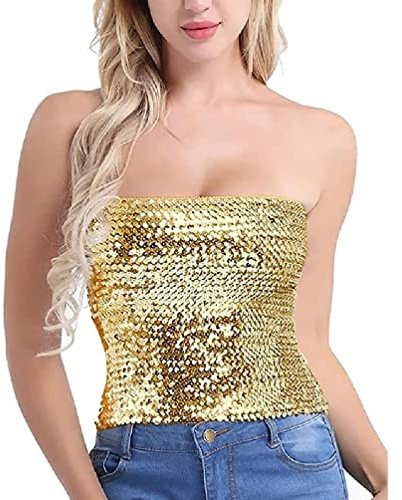 Top da donna con paillettes scintillanti senza maniche a tubo elasticizzato a fascia senza spalline glitter metallizzato crop top canotta per feste Clubwear paillettes top a fascia per le donne