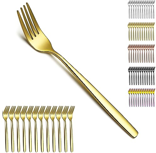 Berglander fourches de table en or 12 pièces, placage titane doré fourchettes à dîner moderne en acier inoxydable, couverts idéal pour la maison, restaurant, hôtel, mariage