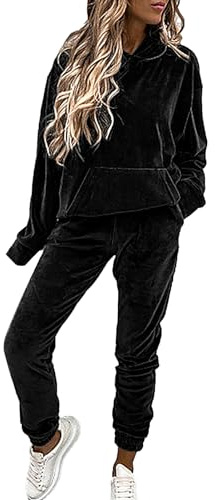 amropi Survêtement Femme Ensemble en Velours Sweat à Capuche et Pantalon Jogging Noir, XL