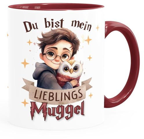 Moonworks® Kaffee-Tasse mit Spruch Du bist mein Lieblingsmuggel Eule Motiv Geschenk Freundschaft Liebe weiss-innen-bordeauxrot standard