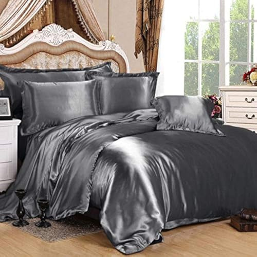 Bedify Bedding 100% Pure Silk Satin Duvet with Fitted Set 4 Pcs Silk Fitted Sheet 15 Deep Pocket Silk Duvet Cover Pillowcases Set|Cool Soft Silk Sheets|Wrinkle Free Fade Resistant (Full, Dark Grey)