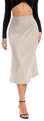 Oyamiki - Gonna da donna in satin, a vita alta, con volant, elastico nascosto, estiva, svasata, setosa, fluida, lunga, linea ad A, gonne midi, cachi, L