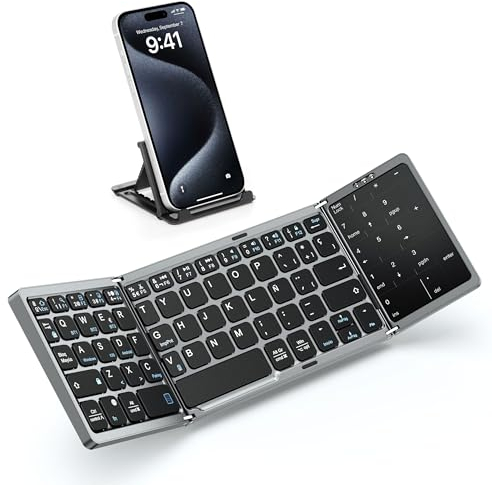 MoKo Teclado Plegable Español Ñ, Teclado Plegable Bluetooth con Panel Táctil y Teclados Numérico, Teclados Inalámbrico Portátil USB-C Recargable para Windows iOS Android Tablet/Móvil/PC, QWERTY - Gris