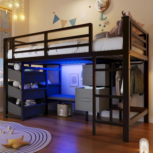 SOFTWEARY Hochbett mit LED-Beleuchtung, Rausfallschutz, Lattenrost, Schubladen, Leiter, Kleiderstange, Sitzbank, 90x200cm, Kinderbett, Metallbett