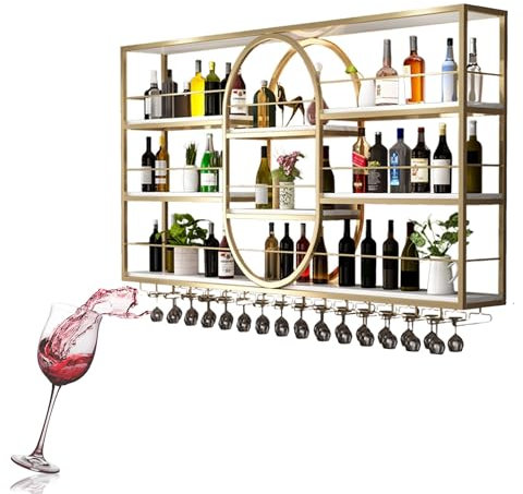 WXZXWXZX Botellero Vino Pared con Luz Vinoteca Mueble Bar Garrafeira Mini Bar Wine Rack Mueble Comedor Cocina con Soporte Copas Colgante para Cocina Bar Comedor(Gold,140 * 20 * 120cm)