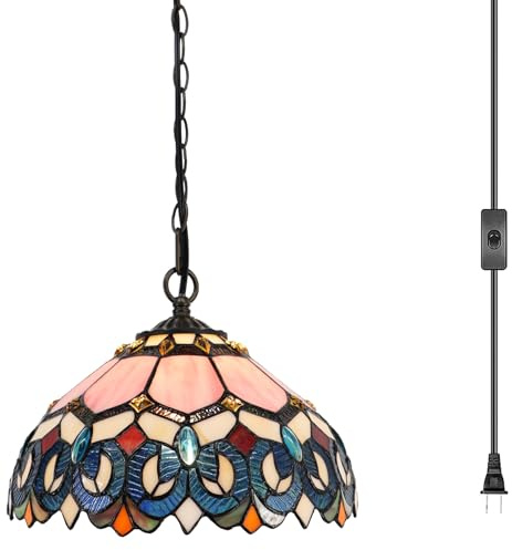 LXHCYOU Tiffany Pendant Light Plug in, 12 inches Stained Glass Hanging Lamp, 39 Inch Chain, 15 Feet Cord Living Room Bedroom Kitchen Dining Room Office (Pink Baroque Style)