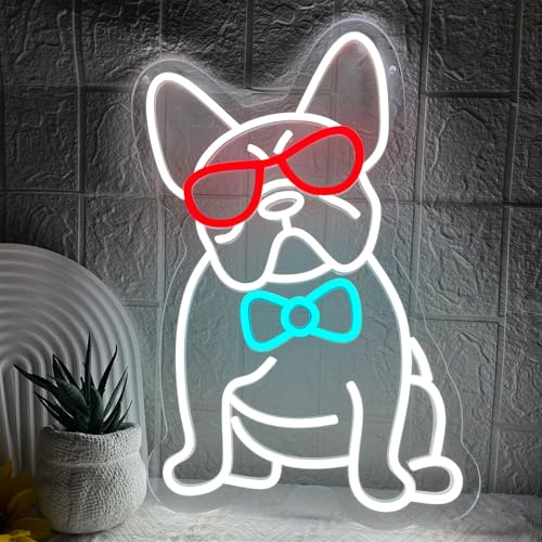 French Bulldog Neon Sign Frenchie Dog Wearing Glasses Bow Tie Neon Light | Dimmable Cool French Bulldog Light Up Signs for Wall Decor Bedroom Living Room Pet Shop Bar Dog Birthday Party Decoration