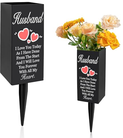 Husband Cemetery Vases for Grave, Metal Cemetery Grave Flower Vase with Stake, Husband Grave Cemetery Decorations, Metal Memorial Grave Markers, Graveside Decor Sign for Grave Outdoor Yard