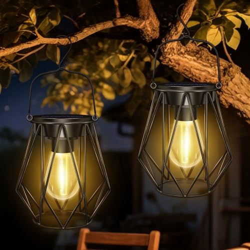 2 Pack Solar Lights Outdoor Garden, Hanging Solar Lanterns with LED Bulbs, Waterproof Garden Ornaments, Metal Outdoor Lanterns for Decoration Patio Pathway Yard Table Porch, Warm White